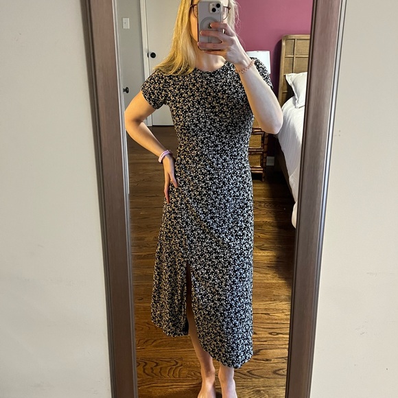 NATURAL by KNOWN SUPPLY Black Tan Cream Ditsy Floral Midi Dress Side Slit Small - Picture 13 of 14